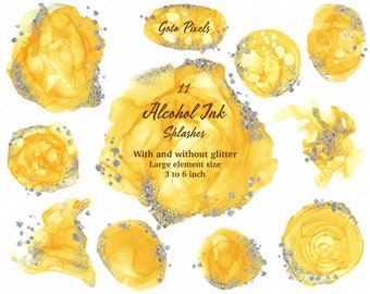 Yellow Watercolor Alcohol Ink Clipart: Gold Glitter Splash (Digital Download)