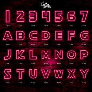 May include: A collection of neon pink numbers and letters against a dark, textured background. The letters and numbers are outlined with a bright pink glow, creating a vibrant and eye-catching design. The image includes the text "Goto pixels".