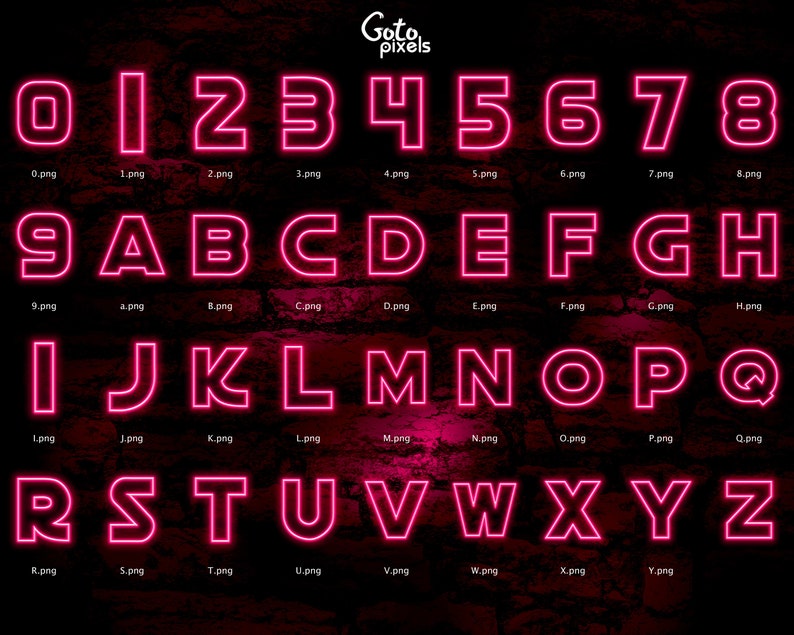 May include: A collection of neon pink numbers and letters against a dark, textured background. The letters and numbers are outlined with a bright pink glow, creating a vibrant and eye-catching design. The image includes the text "Goto pixels".