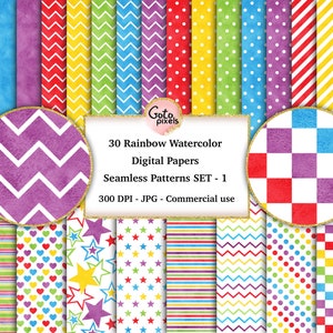 30 Rainbow Watercolor Digital Papers: Seamless Patterns (Digital Download)