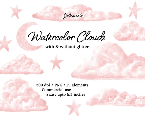 Buy Pink Watercolor Clouds Clipart With Gold Glitter, Glitter.