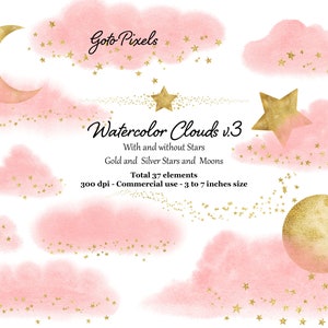 Roze aquarel wolken Clipart met gouden sterren, glitter wolken illustraties, glitter confetti, weer Clipart, PNG-bestanden, digitale download
