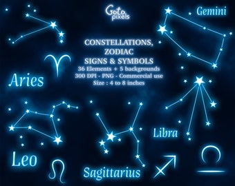 Blue Glowing Zodiac Constellations Clipart: Celestial PNG (Digital Download)