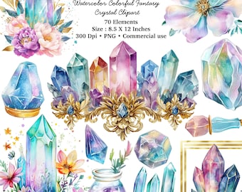 May include: Watercolor clipart featuring 70 fantasy crystal elements in various colors, including blue, purple, pink, and green. The crystals are in different shapes and sizes, and some have a galaxy-like design. The clipart is perfect for adding a magical touch to your designs.