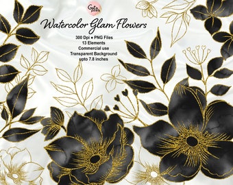 Watercolor Gold Flower Clipart: Glam PNG Embellishments (Digital Download)