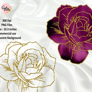 May include: Two gold glitter roses, one white and one burgundy, on a white satin background. The roses are outlined in gold and have a watercolor effect.
