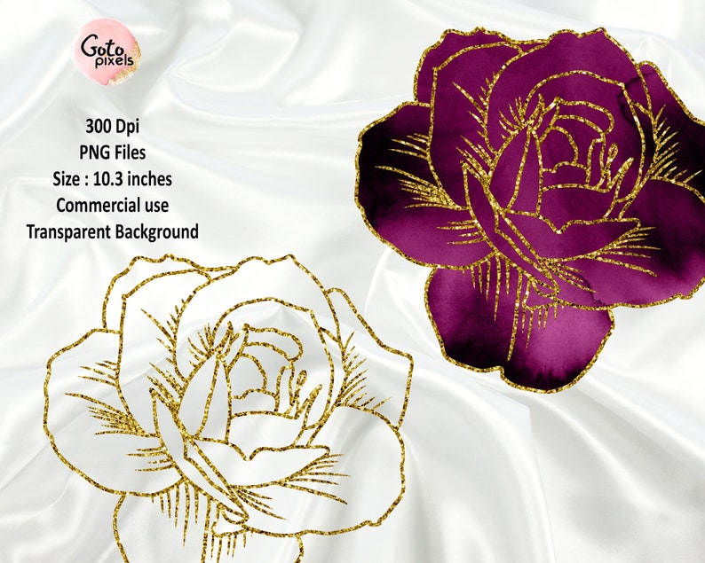 May include: Two gold glitter roses, one white and one burgundy, on a white satin background. The roses are outlined in gold and have a watercolor effect.