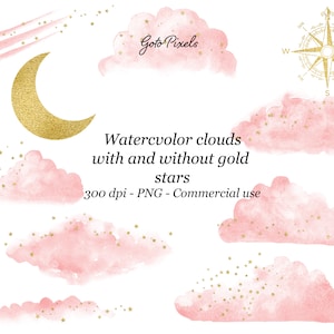 Nuvole acquerello rosa Clipart con stelle d'oro, Letter Clouds Clip Art, Coriandoli glitter, Clipart meteo, File PNG, Download digitale