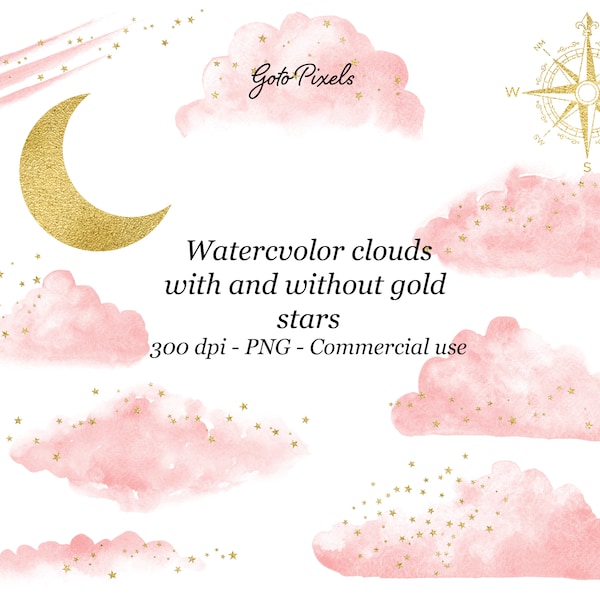 Pink Watercolor Clouds Clipart with Gold stars, Glitter Clouds Clip Art, Glitter Confetti, Weather Clipart, PNG Files, Digital Download