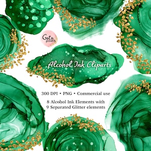 Emerald Alcohol Ink Clipart: Gold Glitter Splashes (PNG Digital Download)