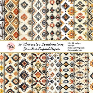 Motifs aquarelle sans couture du sud-ouest, téléchargement numérique instantané Papier numérique imprimable aquarelle, téléchargement immédiat pour un usage commercial