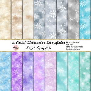 20 pastel aquarel sneeuwvlokken digitaal papier - naadloze kerstkaartpatronen achtergrondstructuren direct downloaden voor commercieel gebruik