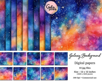 Watercolor Galaxy Digital Paper: 12x12 Stardust Background (Instant Download)