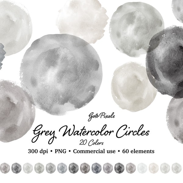 Grey Watercolor circle clipart, Watercolor circles for logo, shades of Grey Watercolor shapes clipart PNG Instant Download Commercial use