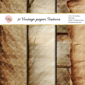 May include: 30 vintage paper textures in various shades of brown and cream. The textures are 12 x 12 inches and 300 dpi. They are 3600 x 3600 pixels and for commercial use.