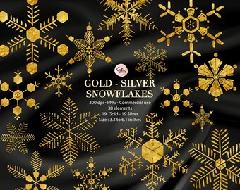 Guld- och silverfärgad snöflinga Clipart: Glitter Christmas PNG (digital nedladdning)