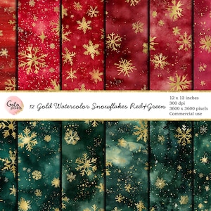 Goldene Schneeflocken Weihnachtspapier: Rot & Grün Aquarell (Digitaler Download)