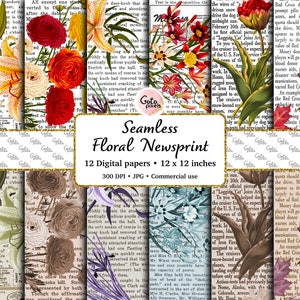 Floral Newsprint Digital Paper: Vintage Flower Patterns (Digital Download)