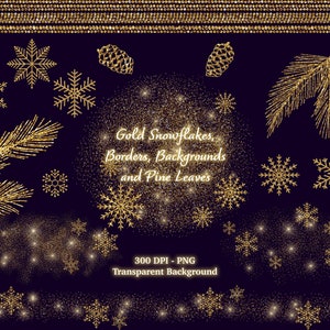 Merry Christmas Gold Glitter Sneeuwvlokken Clipart PNG winter sublimatie ontwerpen Gold Winter Sneeuwvlokken grens Dust Cloud Gold Pine Leaf Cone