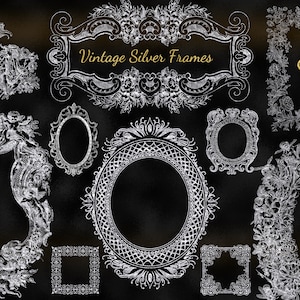 Könnte beinhalten: Ein Set aus 10 Vintage-Silberrahmen mit verzierten Designs, darunter Cherubim, Blumen und geometrische Muster. Die Rahmen sind in Weiß auf schwarzem Hintergrund gezeichnet. Der Text "Vintage Silver Frames" befindet sich oben im Bild.