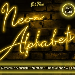 Yellow Neon Alphabet Clipart: Digital Font, Numbers, PNG (Digital Download)