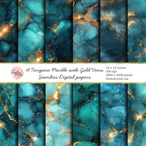 Goldener Türkis Marmor Digitales Papier, druckbare glänzende Textur, nahtloses abstraktes Design für Scrapbooking, Sofort-Download für kommerzielle Nutzung