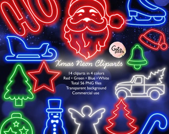Neon Christmas Clipart: Santa, Snowman, Tree (Digital Download)