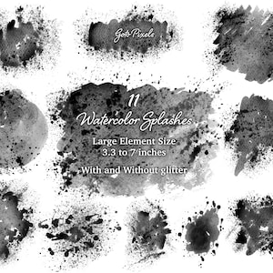 Black Watercolor Glitter Clipart: Splashes & Splotches (Digital PNG)