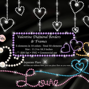 Clipart de borda e moldura de diamante de dia dos namorados, borda de coração de amor, clipart PNG de borda de dia dos namorados, moldura de diamante Download instantâneo para uso comercial