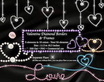 May include: Set of 50 Valentine's Day diamond border and frame elements in 10 colors. The elements are made of sparkling diamonds and pearls in heart shapes. The frames are 11.3 to 18.3 inches in size.  300 Dpi PNG. Commercial use.