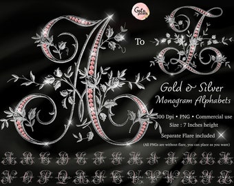 Floral Gold & Silver Monogram Alphabet Clipart: Pink Pearl Diamond (PNG Digital Download)