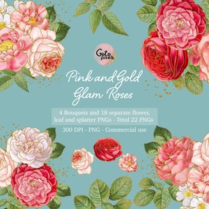 Red and Gold Glam Rose Clip Art, digital instant download glitter flower png embellishments, pink rose, gold glitter roses, Vintage rose