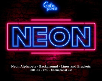 May include: A neon sign with the word "NEON" in bright blue letters, framed by a pink rectangle. The background is a dark, textured brick wall. The image also includes the text "Neon Alphabets - Background - Lines and Brackets".
