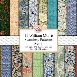William Morris Seamless Swatches Set-3, Naadloos patroon Junk Journal en Scrapbook Ephemera, Commerciële licentie