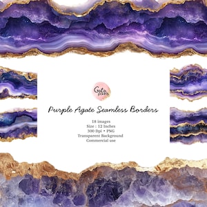 May include: Purple agate seamless borders with gold accents. 18 images, 12 inches, 300 dpi, PNG, transparent background, commercial use.