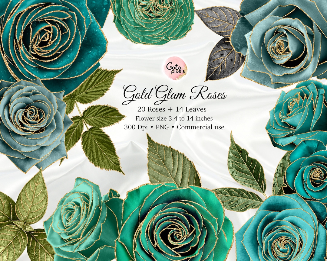 Aqua Gold Glitter Rose Clip Art: PNG Flower Embellishments (digital ...