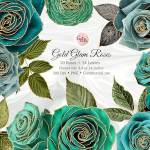 Aqua Gold Glitter Rose Clip Art: PNG Flower Embellishments (Digital Download)