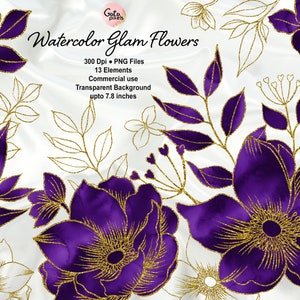 Lila Aquarell und Gold Glam Blume Clip Art, Sofort Download Glitzer Blume png Verzierungen, Gold Glitzer Blume PNG Dateien
