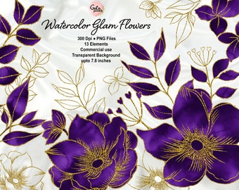 Lila Aquarell und Gold Glam Blume Clip Art, Sofort Download Glitzer Blume png Verzierungen, Gold Glitzer Blume PNG Dateien