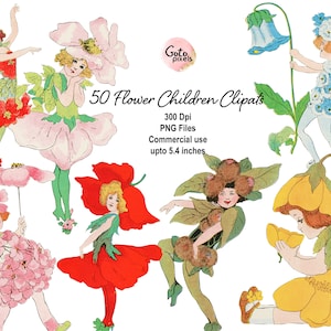 50 Vintage Blumen Kinder Cliparts PNG Dateien Circa 1910 von M.T. Ross Antique Americana 1st Edition Fairy Book Art Bilder