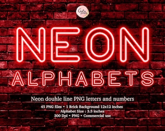 May include: A red neon sign displaying "NEON ALPHABETS" on a dark red brick background. The image provides product details, including the number of PNG files, background size, alphabet size (8.89 cm), and commercial usage information.