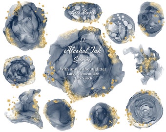 Navy Watercolor Clipart: Gold Glitter Alcohol Ink Splash (Digital Download)