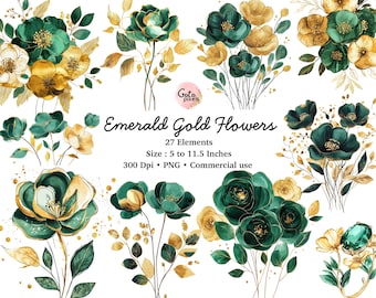 Emerald Gold Rose Clip Art: Watercolor Flower PNG (Digital Download)