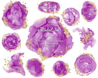 Purple Gold Alcohol Ink Clipart: Watercolor Splash Backgrounds (Digital Download)