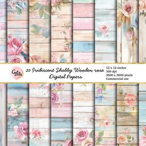 Papel digital de madera con rosas Shabby Chic sin costuras, papel de madera floral iridiscente, papel para manualidades de álbumes de recortes, descarga instantánea para uso comercial