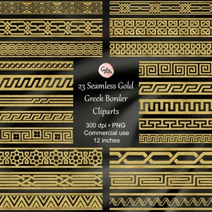 23 Gold Greek Borders Clipart, segments de bordure transparents, image clipart de bordure en feuille d’or téléchargement instantané numérique, éléments de scrapbook utilisation commerciale