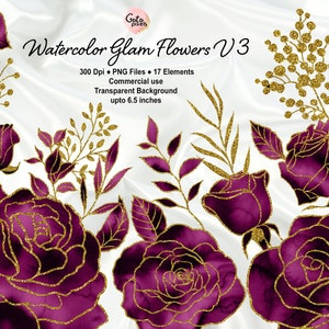 Wine Watercolor Rose Clipart: Gold Glitter Flower PNG (Digital Download)