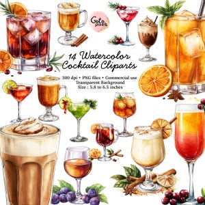Watercolor Cocktail Clipart: Alcohol Drink Illustrations (PNG, Commercial Use)