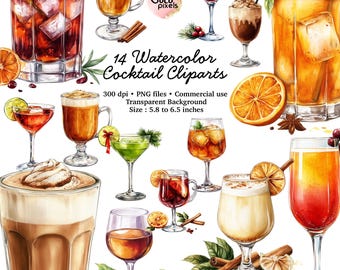 Aquarel cocktail clipart: alcoholdrank illustraties (PNG, commercieel gebruik)