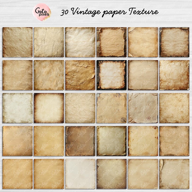 May include: A collection of 30 vintage paper textures in various shades of brown and beige. The textures are arranged in a grid pattern on a white background.